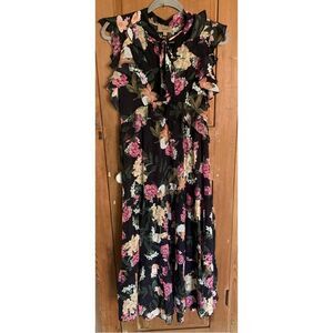 Kachel by Anthropologie bold floral frill sleeveless maxi silk  dress NWOT